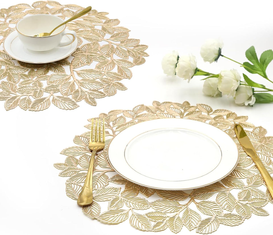 Maffily Leaf Gold Placemats Bulk Pressed Vinyl Place mats Washable and Wipeable Round Placemats Set of 6 Hollow Out Non-Slip Metallic Decorative Table Mats...