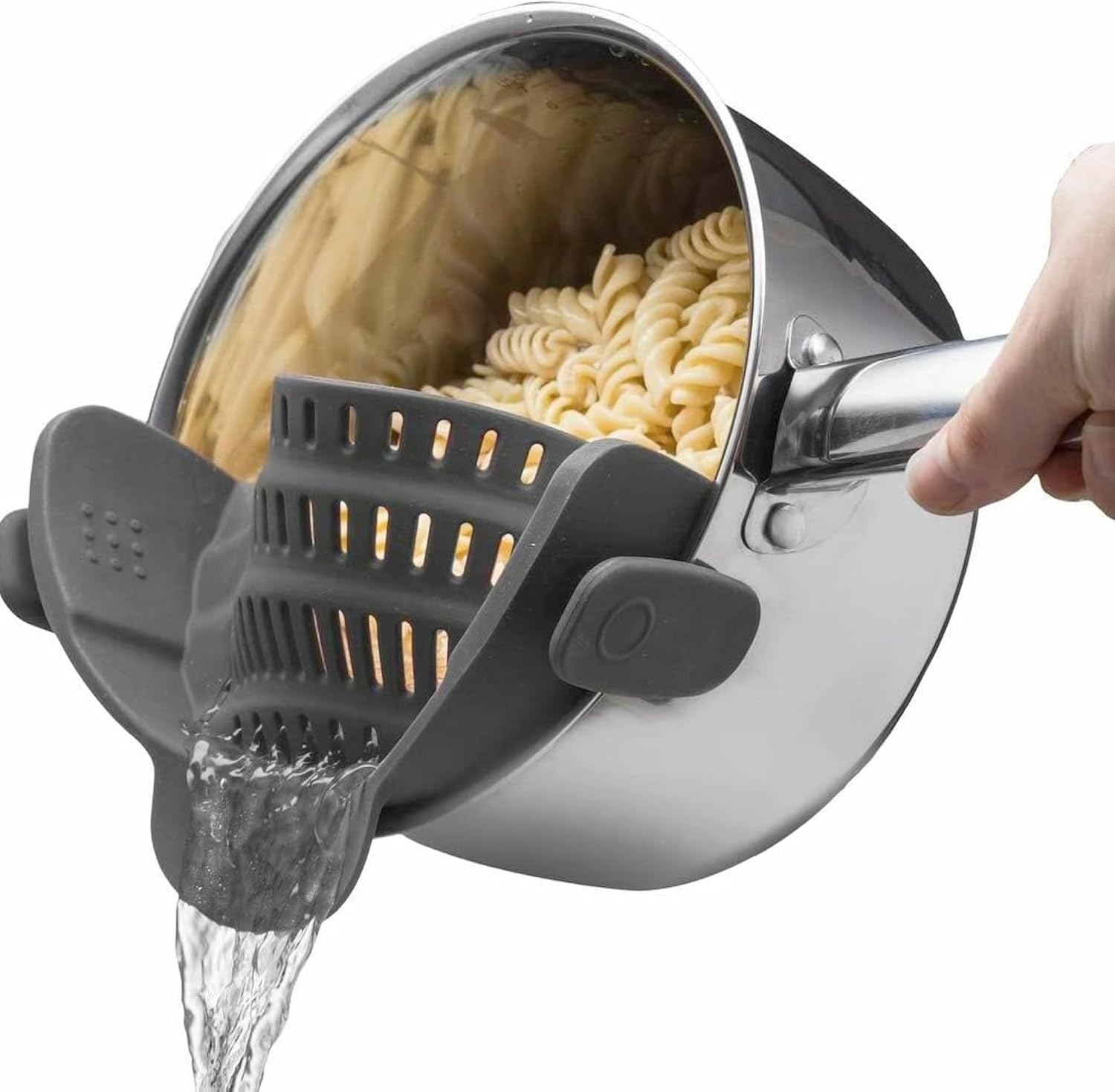 Kitchen Gizmo Snap N Strain Pot Strainer and Pasta Strainer - Adjustable Silicone Clip On Strainer for Pots, Pans, and Bowls - Gray