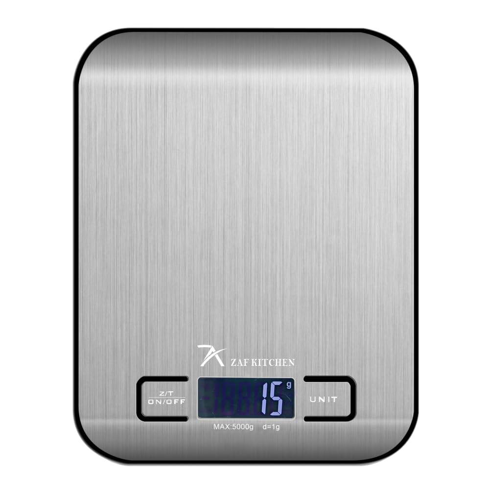 ZAF KITCHEN Digital Kitchen Scale, Multifunction Food Scale With LCD Display Stainless Steel Platform, High Accuracy, Ultra Slim, 5 Units with Tare Function