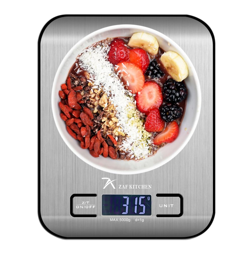 ZAF KITCHEN Digital Kitchen Scale, Multifunction Food Scale With LCD Display Stainless Steel Platform, High Accuracy, Ultra Slim, 5 Units with Tare Function